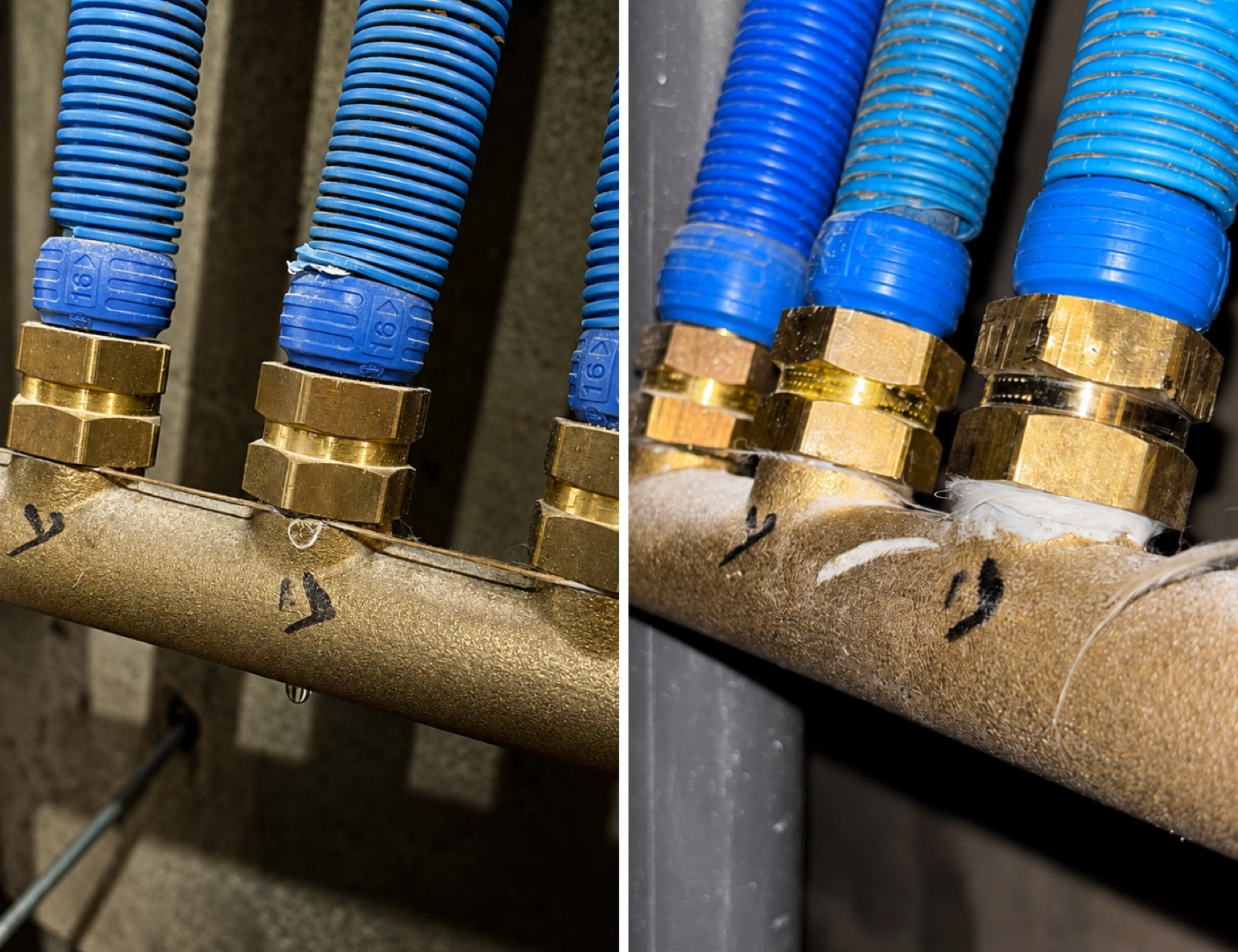 Antes y después de una reparación de fugas en colector por Aquofix, fontanero en Mallorca