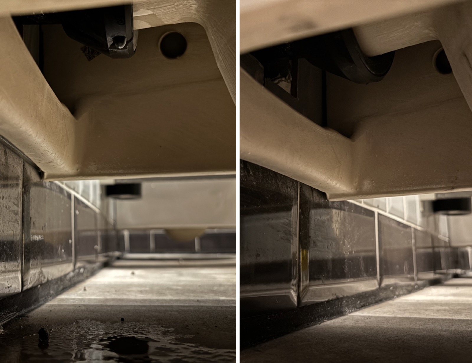 Antes y después de reparación de fuga en descarga de WC suspendido — Aquofix, fontanero en Mallorca