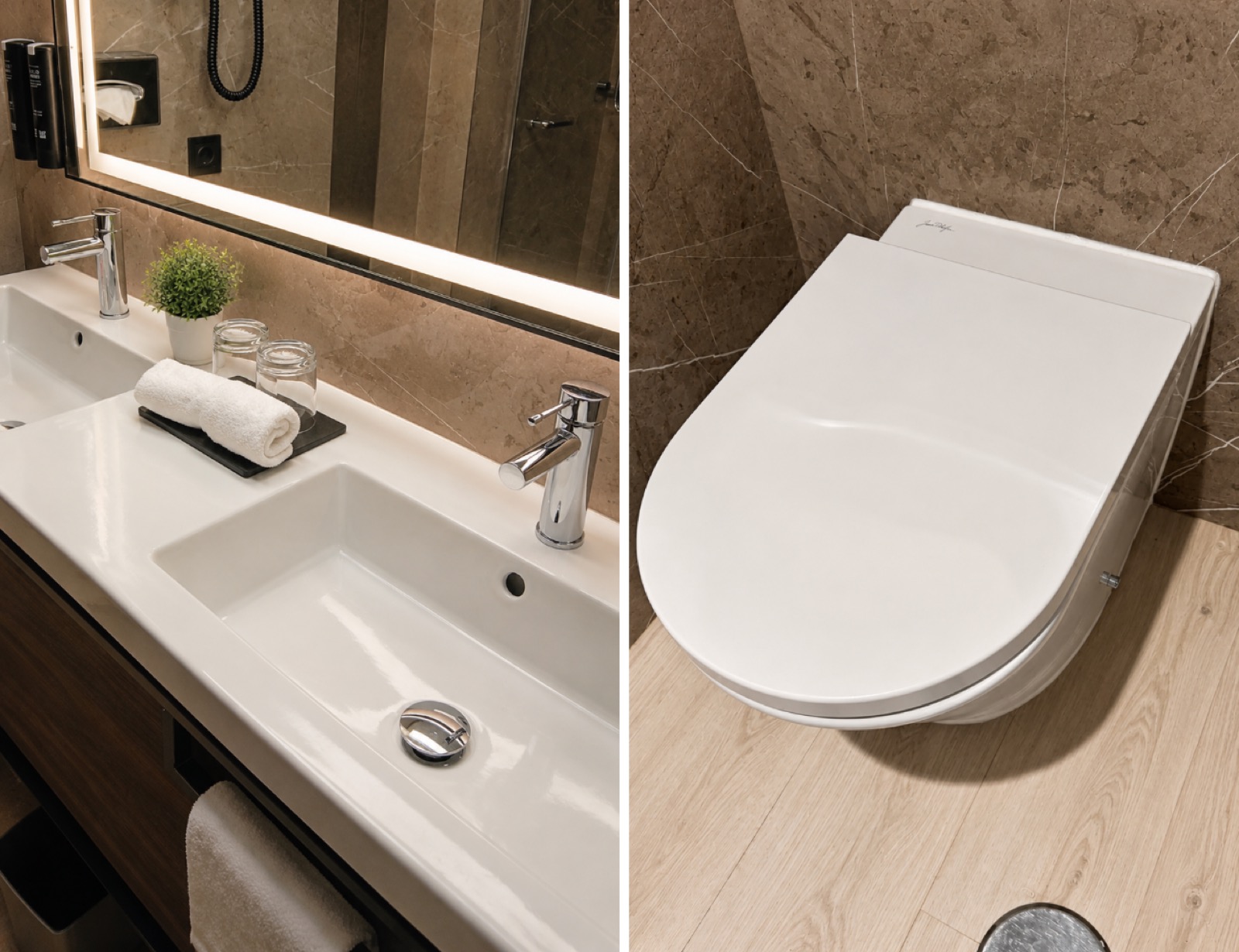 Instalación de fontanería en baño en Mallorca por Aquofix: grifería de lavabo doble y WC suspendido