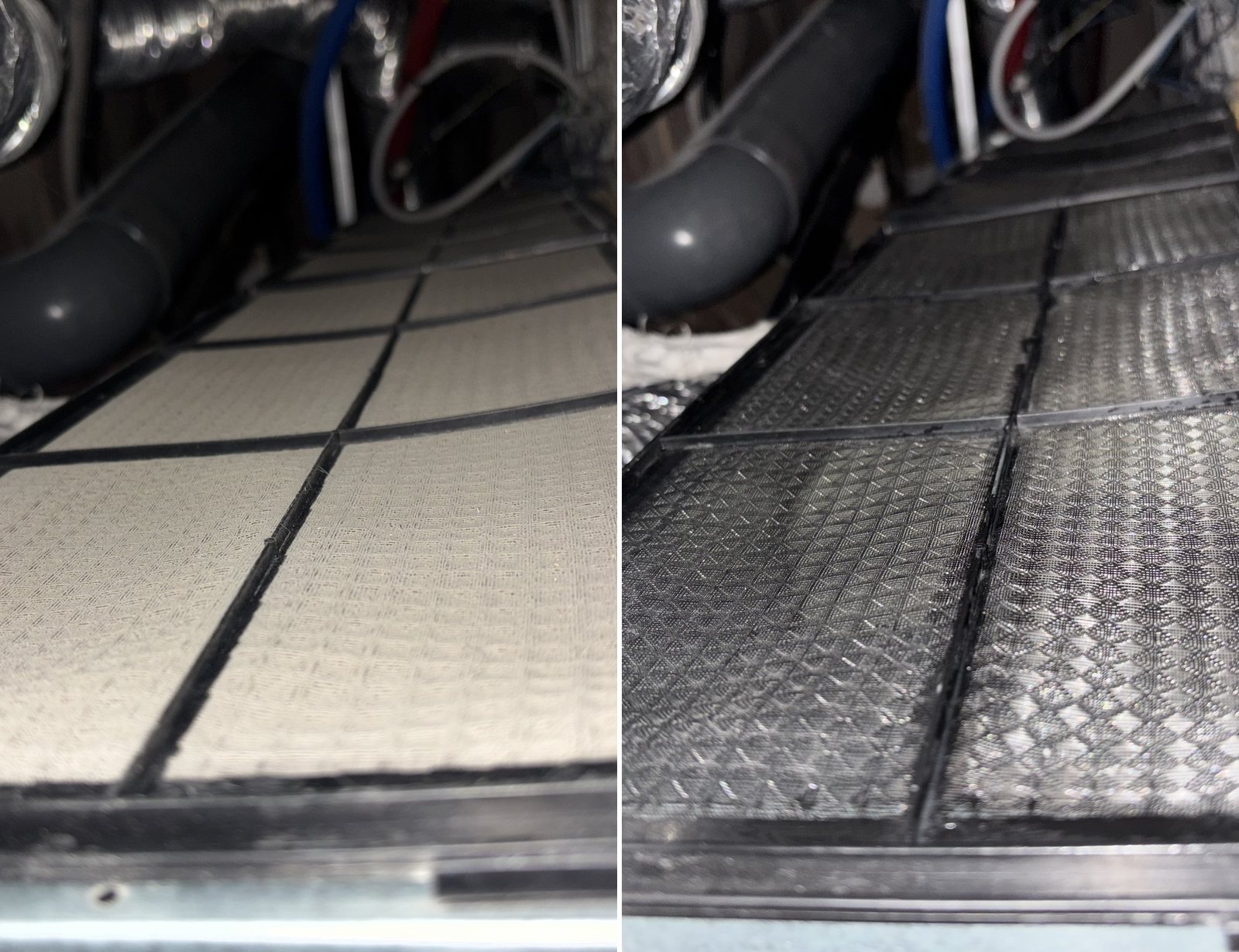Antes y después de la limpieza del filtro de un fan coil por Aquofix, mantenimiento en Mallorca
